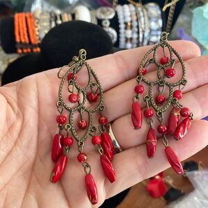 Red and Gold Chandelier Earrings with Cascading Beads